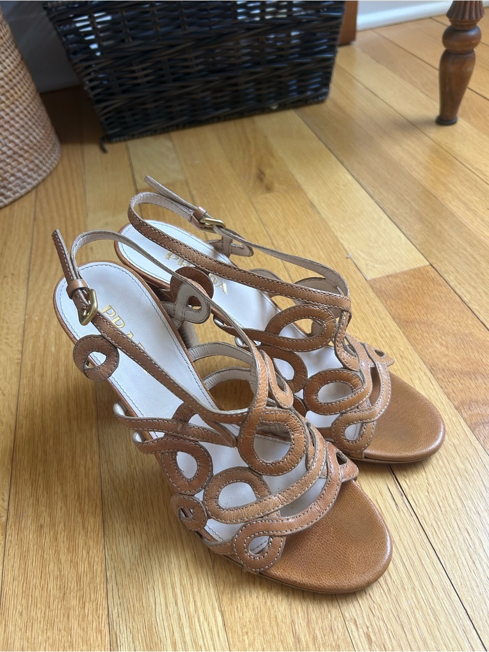 Prada Tan Leather Cutout Slingback Heels - Picture 2 of 3